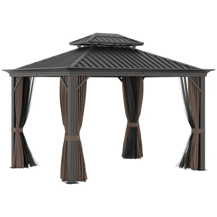 12' x 10' Tiered Galv Steel Hardtop Aluminum Frame Patio Gazebo Shelter w Curtains, Mesh, Brown