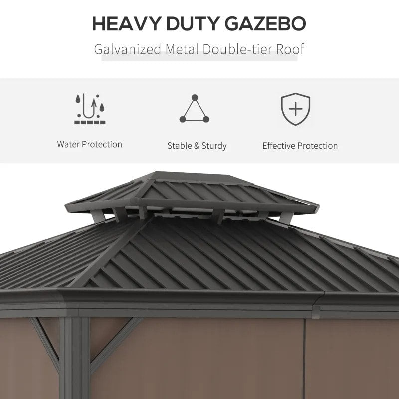 12' x 10' Tiered Galv Steel Hardtop Aluminum Frame Patio Gazebo Shelter w Curtains, Mesh, Brown