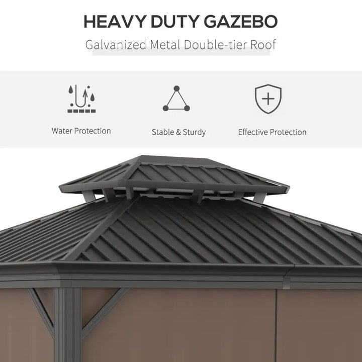12' x 10' Tiered Galv Steel Hardtop Aluminum Frame Patio Gazebo Shelter w Curtains, Mesh, Brown