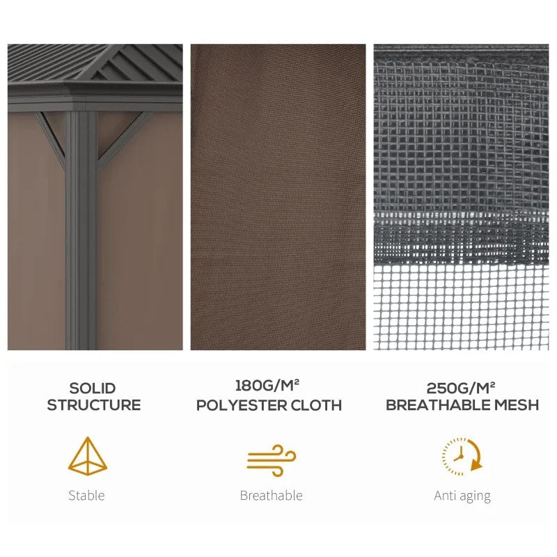 12' x 10' Tiered Galv Steel Hardtop Aluminum Frame Patio Gazebo Shelter w Curtains, Mesh, Brown