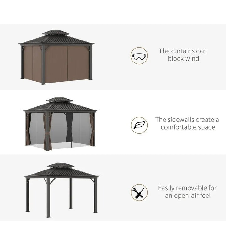 12' x 10' Tiered Galv Steel Hardtop Aluminum Frame Patio Gazebo Shelter w Curtains, Mesh, Brown