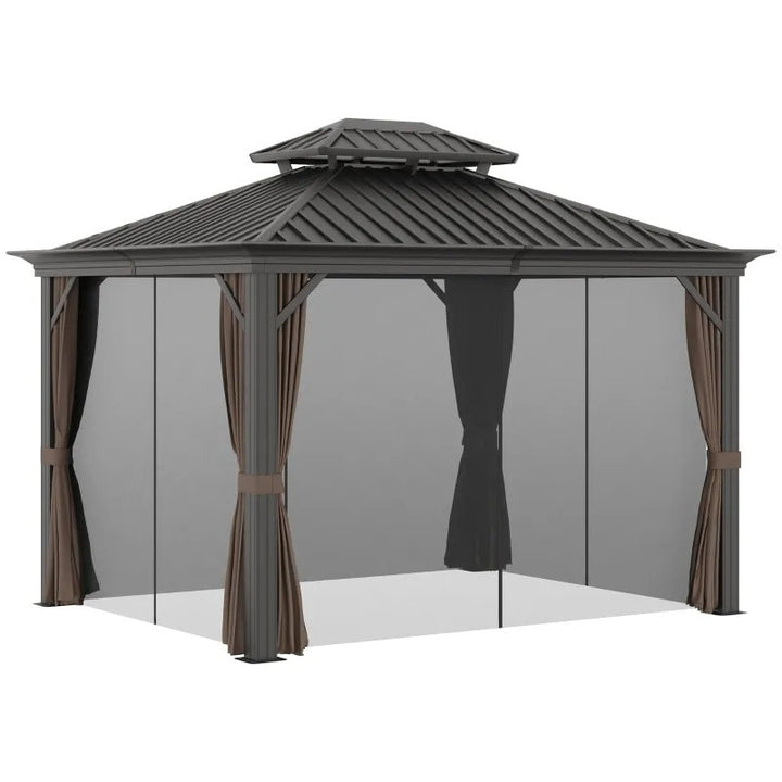 12' x 10' Tiered Galv Steel Hardtop Aluminum Frame Patio Gazebo Shelter w Curtains, Mesh, Brown