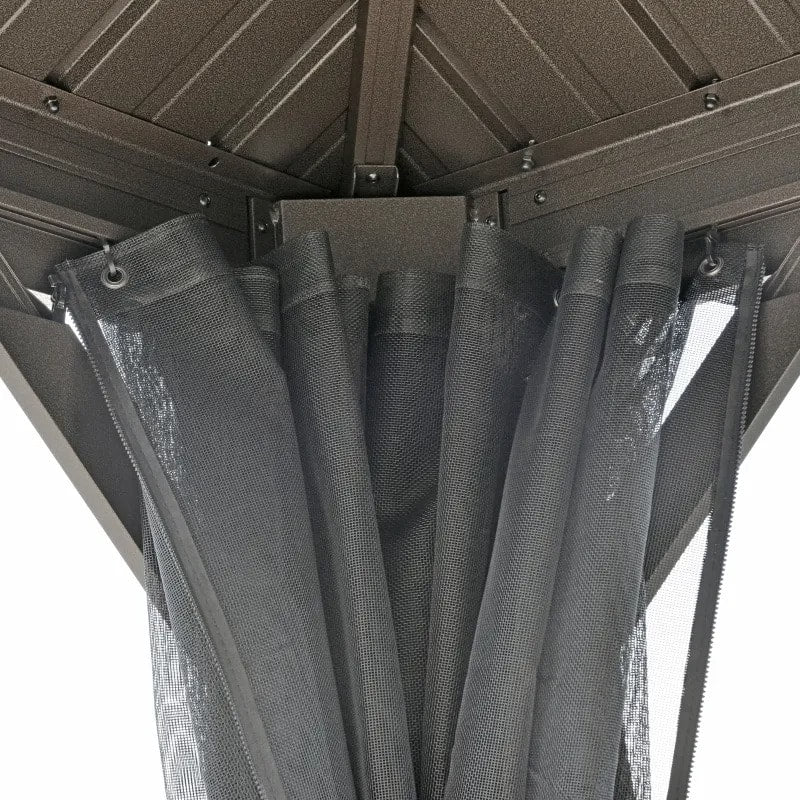 12' x 10' Tiered Galv Steel Hardtop Aluminum Frame Patio Gazebo Shelter w Curtains, Mesh, Brown