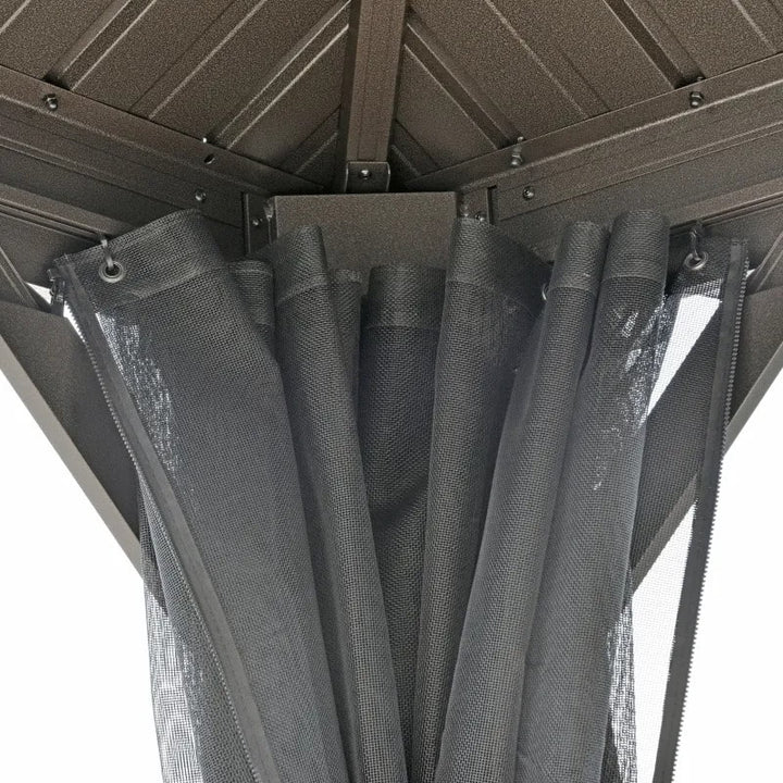 12' x 10' Tiered Galv Steel Hardtop Aluminum Frame Patio Gazebo Shelter w Curtains, Mesh, Brown