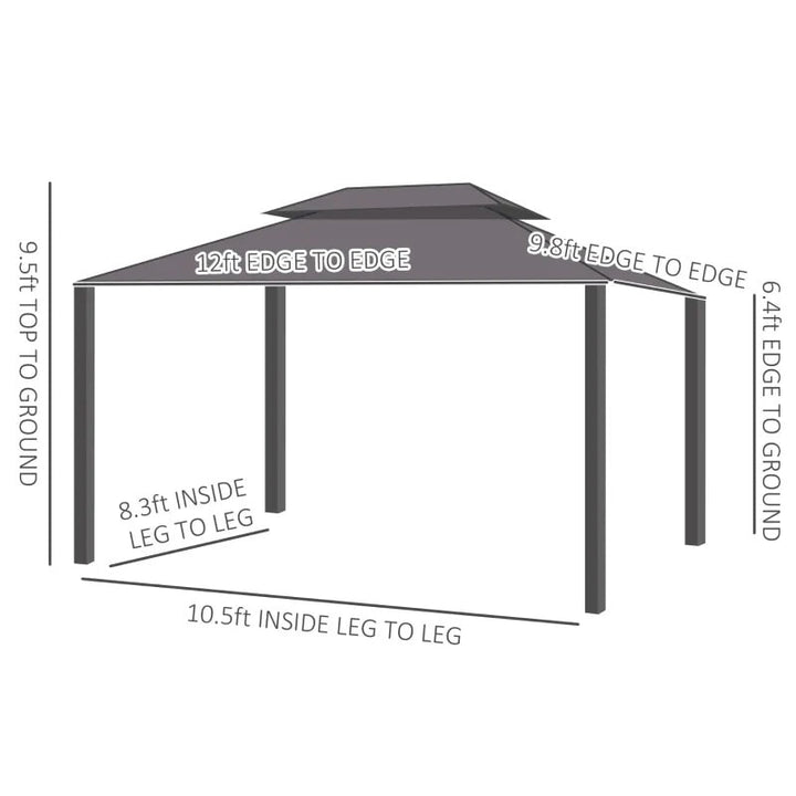 12' x 10' Tiered Galv Steel Hardtop Aluminum Frame Patio Gazebo Shelter w Curtains, Mesh, Brown