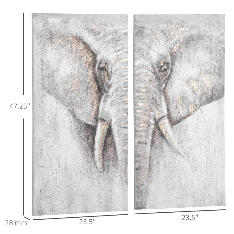 2pc Hand-Painted Wrapped Canvas Wall Art, Wood Frame Living Bedroom Home Office, Grey Elephant