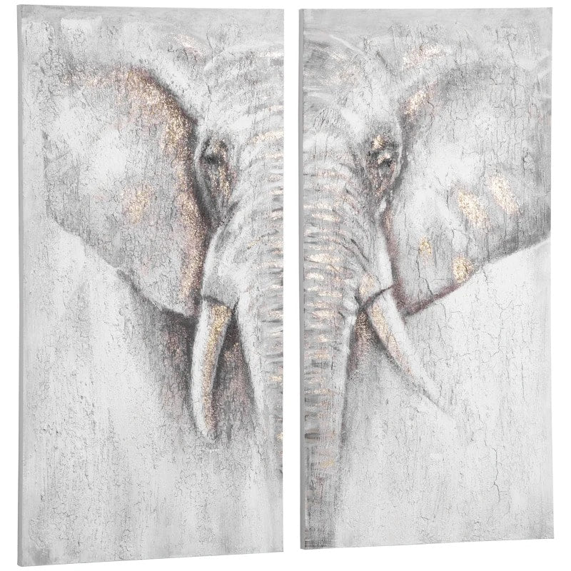 2pc Hand-Painted Wrapped Canvas Wall Art, Wood Frame Living Bedroom Home Office, Grey Elephant