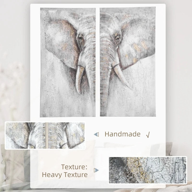 2pc Hand-Painted Wrapped Canvas Wall Art, Wood Frame Living Bedroom Home Office, Grey Elephant