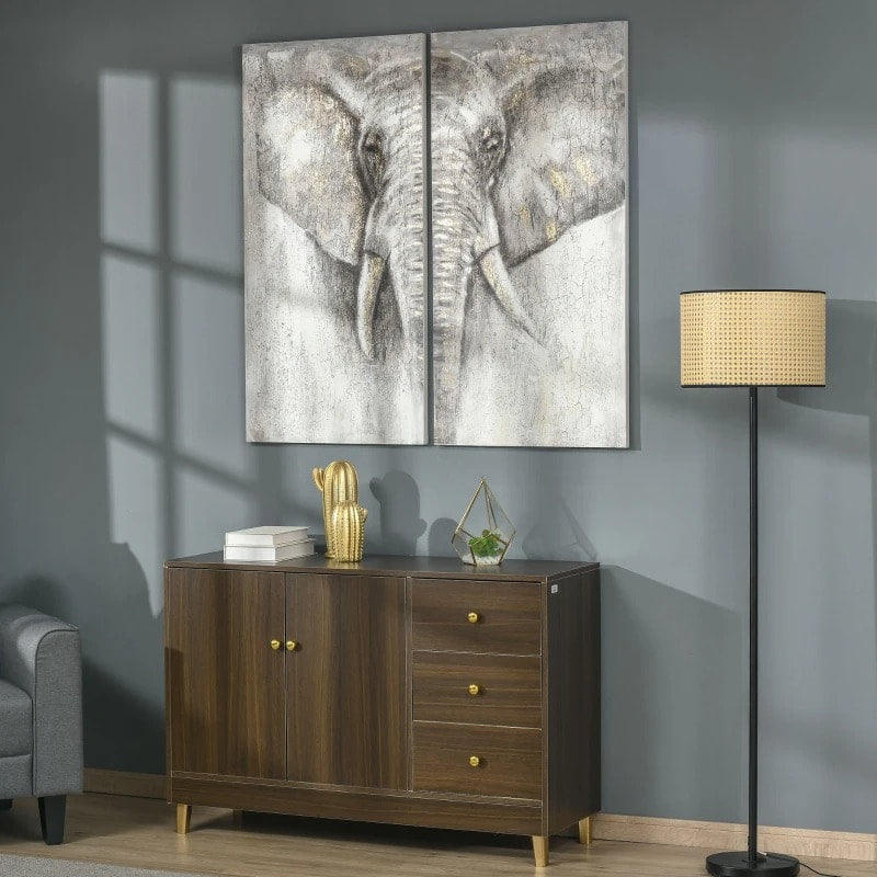 2pc Hand-Painted Wrapped Canvas Wall Art, Wood Frame Living Bedroom Home Office, Grey Elephant