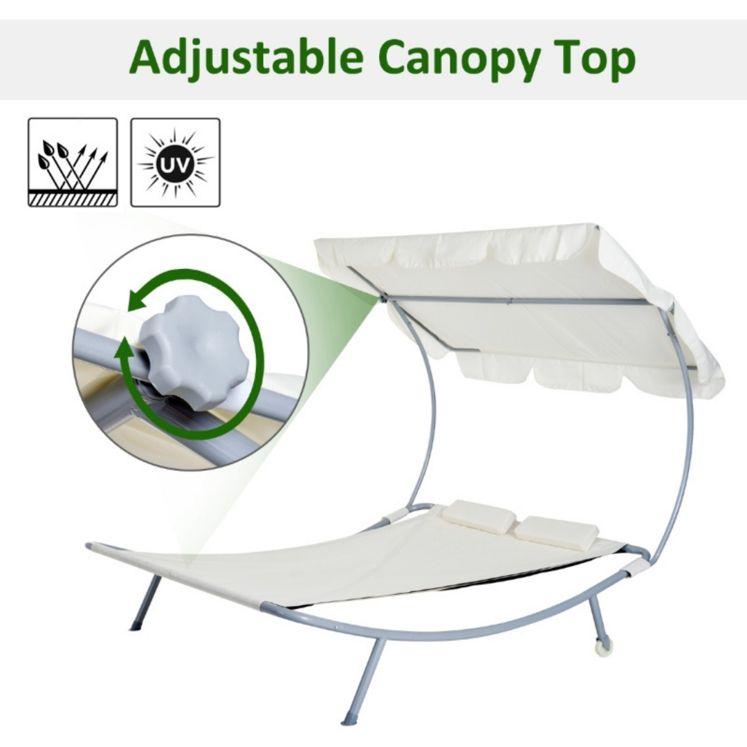 Double Sun Lounger Chaise Hammock Day Bed w Canopy Shade, Pillows, Patio Pool Deck, Cream White