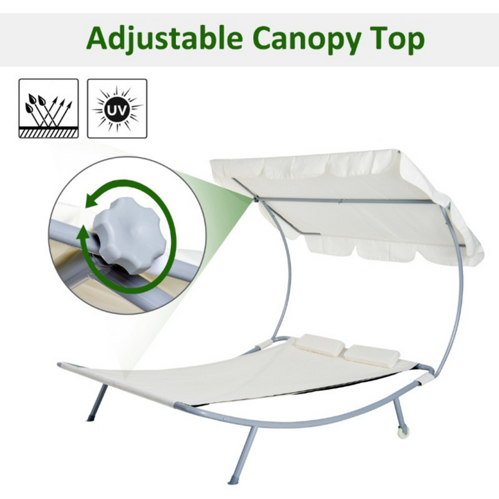 Double Sun Lounger Chaise Hammock Day Bed w Canopy Shade, Pillows, Patio Pool Deck, Cream White
