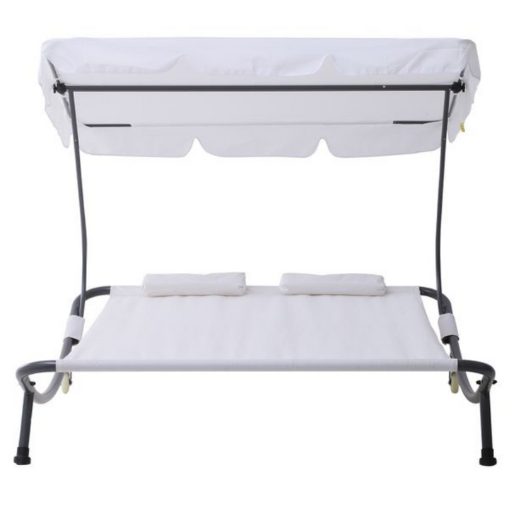Double Sun Lounger Chaise Hammock Day Bed w Canopy Shade, Pillows, Patio Pool Deck, Cream White