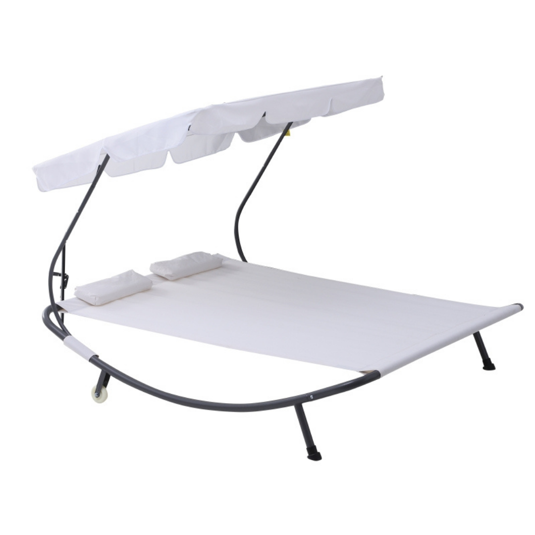 Double Sun Lounger Chaise Hammock Day Bed w Canopy Shade, Pillows, Patio Pool Deck, Cream White