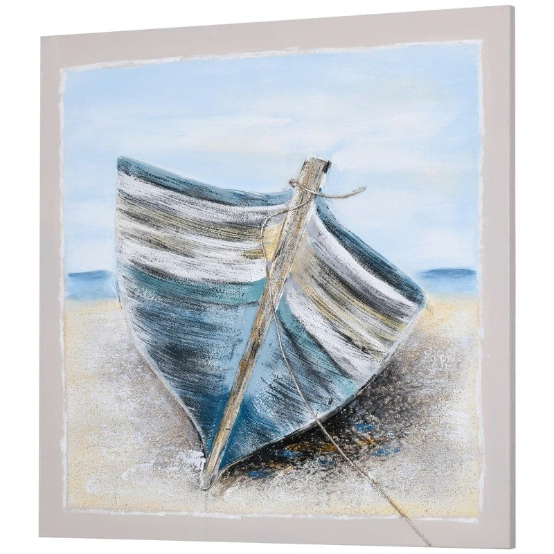 Hand-Painted Wrapped Canvas Wall Art for Living Bedroom Home Office Decor Sandy Beach Blue Boat