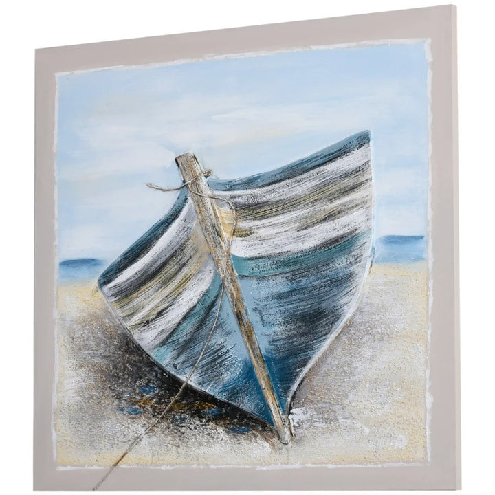 Hand-Painted Wrapped Canvas Wall Art for Living Bedroom Home Office Decor Sandy Beach Blue Boat