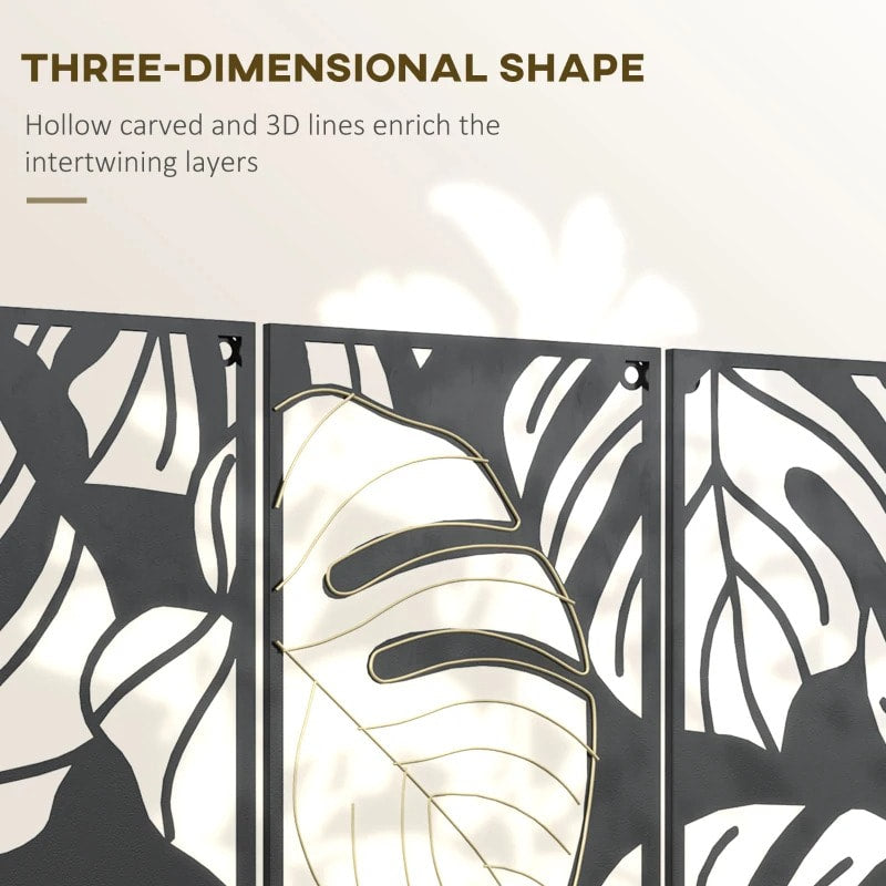3pc Modern Decorative Metal Wall Art, Leaves Design, Living Bedroom Home Office, Black w Gold