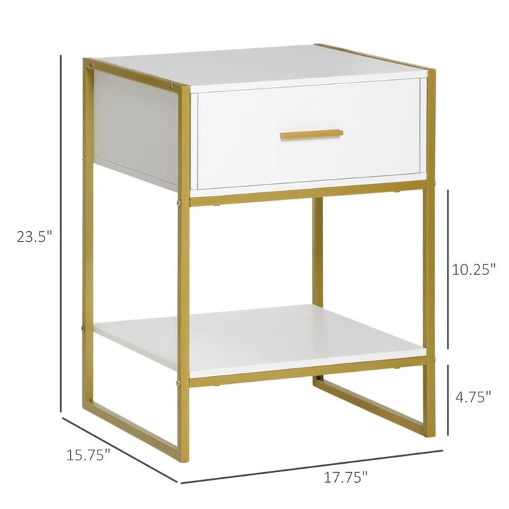 Set of 2 Elegant Nightstand End Table w Drawer, Steel Metal Legs, Bed Living Room, White & Gold