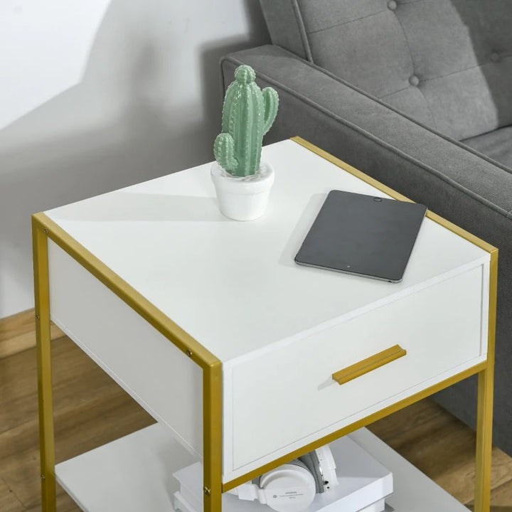 Set of 2 Elegant Nightstand End Table w Drawer, Steel Metal Legs, Bed Living Room, White & Gold