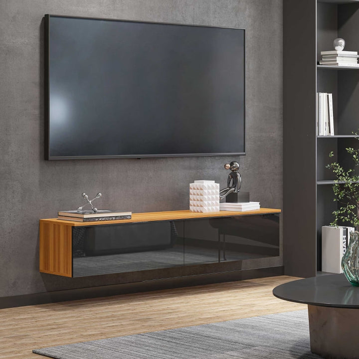 Wall-Mounted Floating Media TV Entertainment Unit, Flip Doors, Glossy Black, Brown Wood Grain