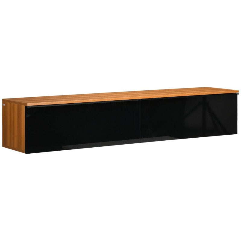 Wall-Mounted Floating Media TV Entertainment Unit, Flip Doors, Glossy Black, Brown Wood Grain