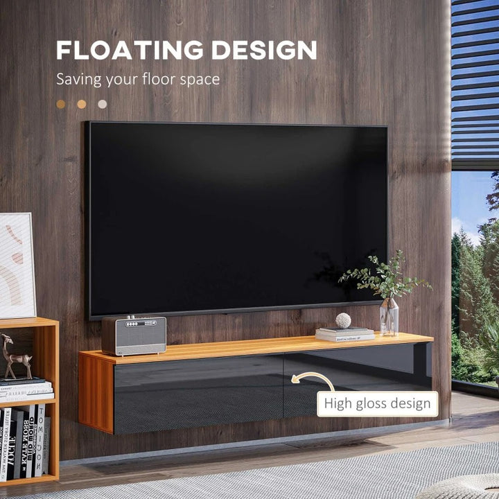 Wall-Mounted Floating Media TV Entertainment Unit, Flip Doors, Glossy Black, Brown Wood Grain