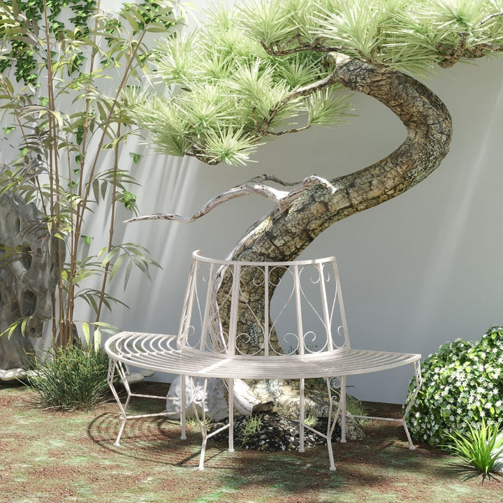 Half Round Victorian 4 Person Tree Bench Semi Circle Seat for Garden Wedding Party Event, White