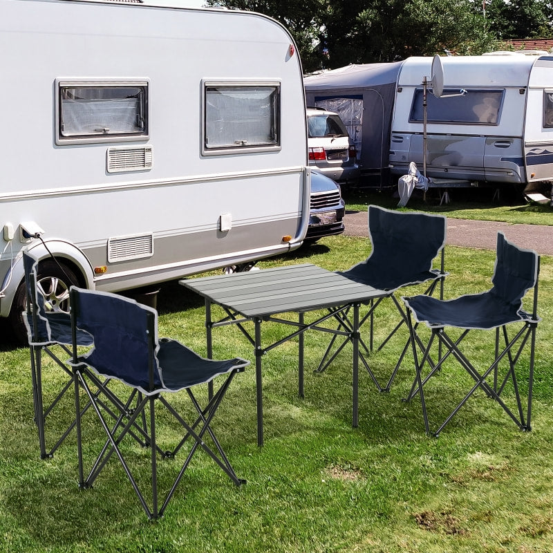 20.5" Portable Aluminum Picnic Camp Table Set w 4 Folding Chairs, Bag, Outdoor Dining BBQ, Blue