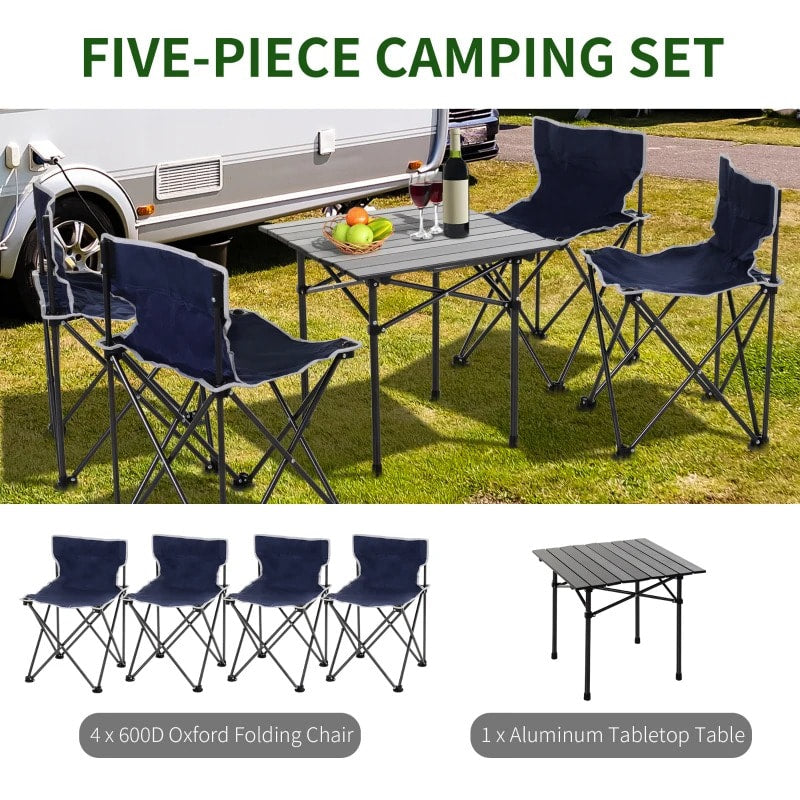 20.5" Portable Aluminum Picnic Camp Table Set w 4 Folding Chairs, Bag, Outdoor Dining BBQ, Blue