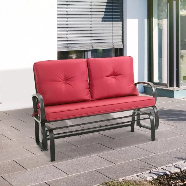 2-Person Steel Loveseat Glider Bench Chair Rocker w Cushions for Patio Deck Garden, Brown, Red