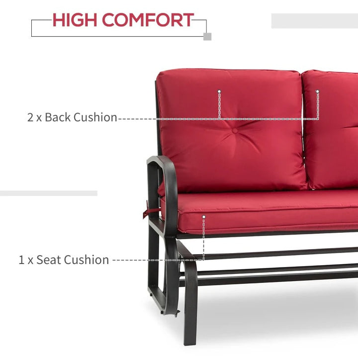 2-Person Steel Loveseat Glider Bench Chair Rocker w Cushions for Patio Deck Garden, Brown, Red
