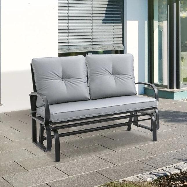 2-Person Steel Loveseat Glider Bench Chair Rocker w Cushions for Patio Deck Garden, Black, Grey
