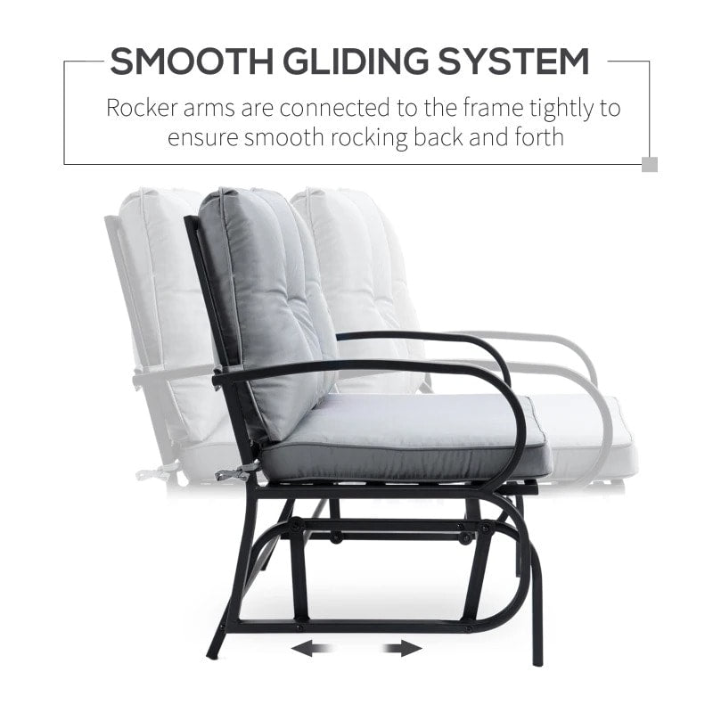 2-Person Steel Loveseat Glider Bench Chair Rocker w Cushions for Patio Deck Garden, Black, Grey