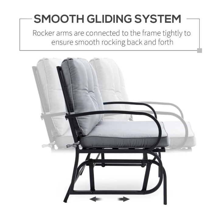 2-Person Steel Loveseat Glider Bench Chair Rocker w Cushions for Patio Deck Garden, Black, Grey