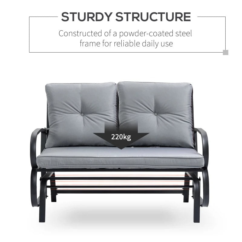 2-Person Steel Loveseat Glider Bench Chair Rocker w Cushions for Patio Deck Garden, Black, Grey