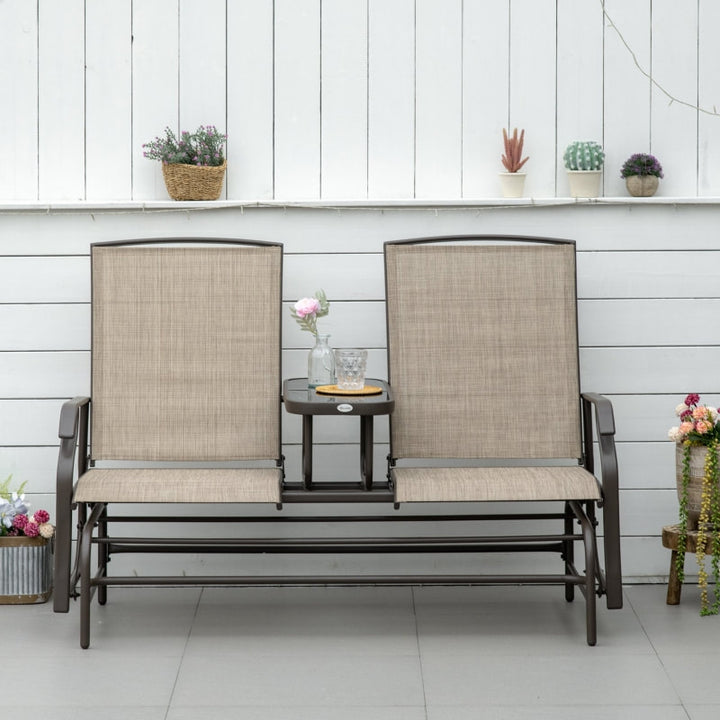 2-Person Steel Glider Bench Chair Rocker w Table, Texteline for Patio Deck Garden, Brown, Beige