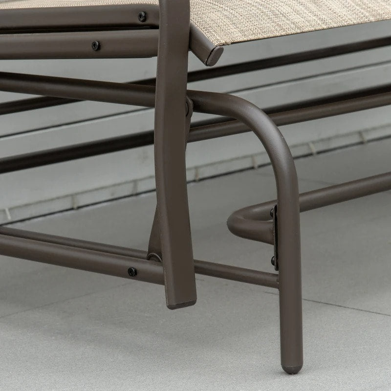 2-Person Steel Glider Bench Chair Rocker w Table, Texteline for Patio Deck Garden, Brown, Beige
