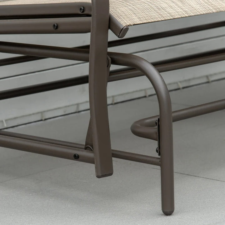 2-Person Steel Glider Bench Chair Rocker w Table, Texteline for Patio Deck Garden, Brown, Beige
