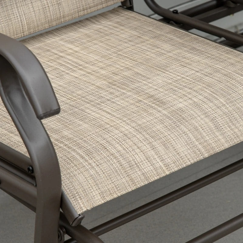 2-Person Steel Glider Bench Chair Rocker w Table, Texteline for Patio Deck Garden, Brown, Beige