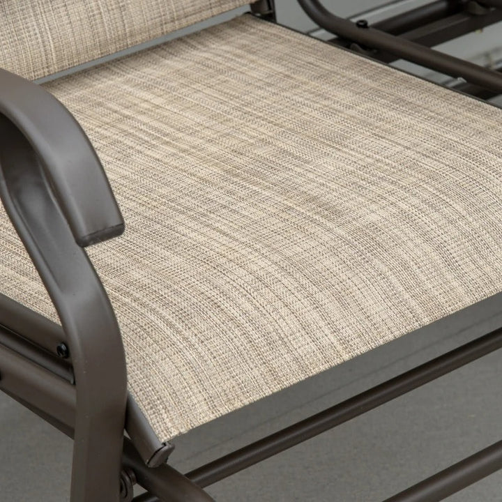 2-Person Steel Glider Bench Chair Rocker w Table, Texteline for Patio Deck Garden, Brown, Beige