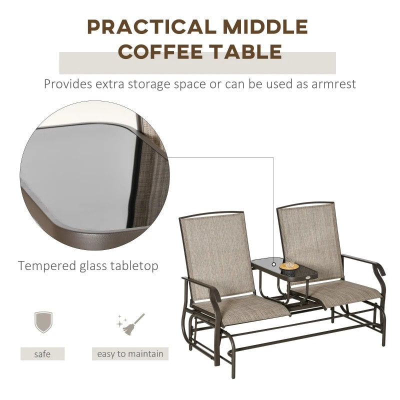 2-Person Steel Glider Bench Chair Rocker w Table, Texteline for Patio Deck Garden, Brown, Beige