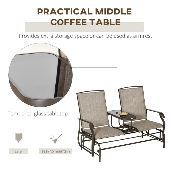 2-Person Steel Glider Bench Chair Rocker w Table, Texteline for Patio Deck Garden, Brown, Beige