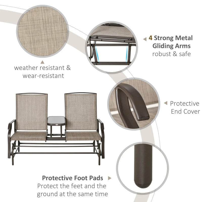 2-Person Steel Glider Bench Chair Rocker w Table, Texteline for Patio Deck Garden, Brown, Beige