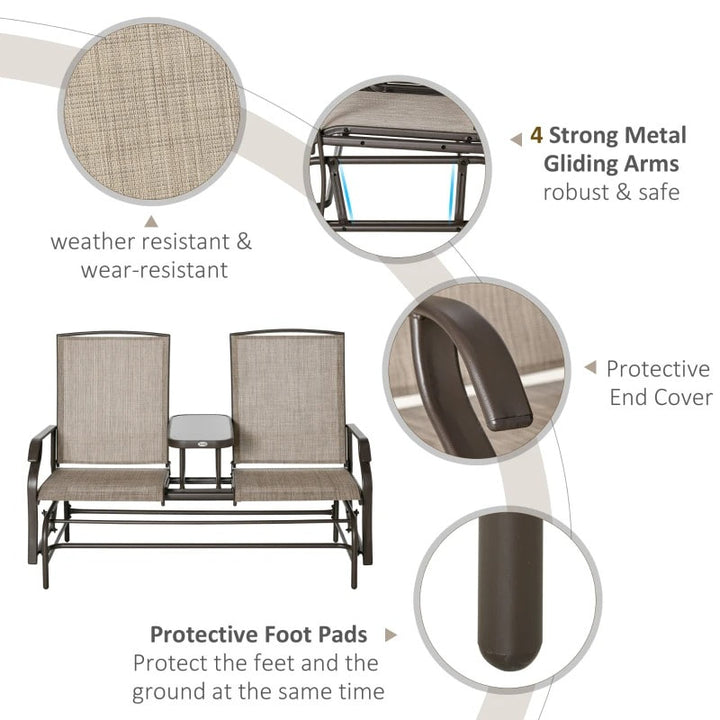 2-Person Steel Glider Bench Chair Rocker w Table, Texteline for Patio Deck Garden, Brown, Beige