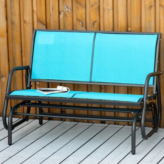 2-Person Steel Loveseat Glider Bench Chair Rocker w Sling Fabric, Patio Deck Garden, Aqua Blue