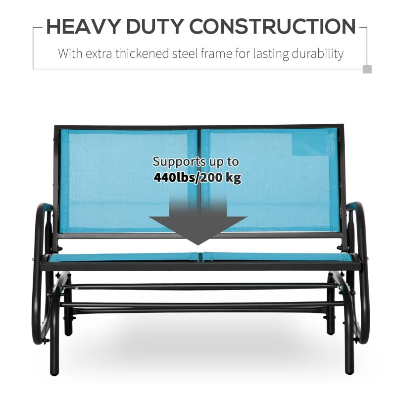 2-Person Steel Loveseat Glider Bench Chair Rocker w Sling Fabric, Patio Deck Garden, Aqua Blue