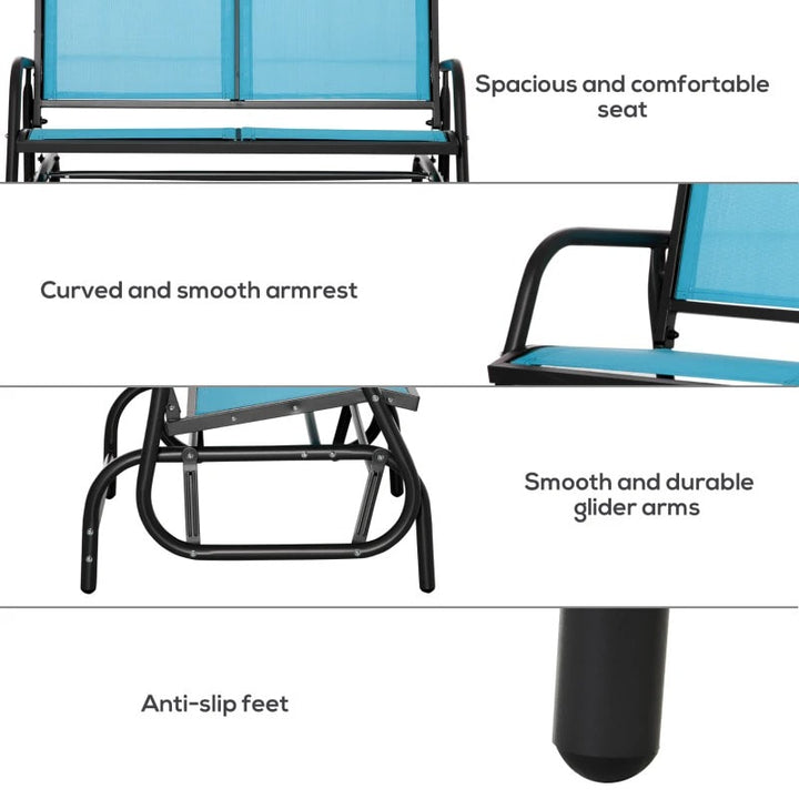 2-Person Steel Loveseat Glider Bench Chair Rocker w Sling Fabric, Patio Deck Garden, Aqua Blue