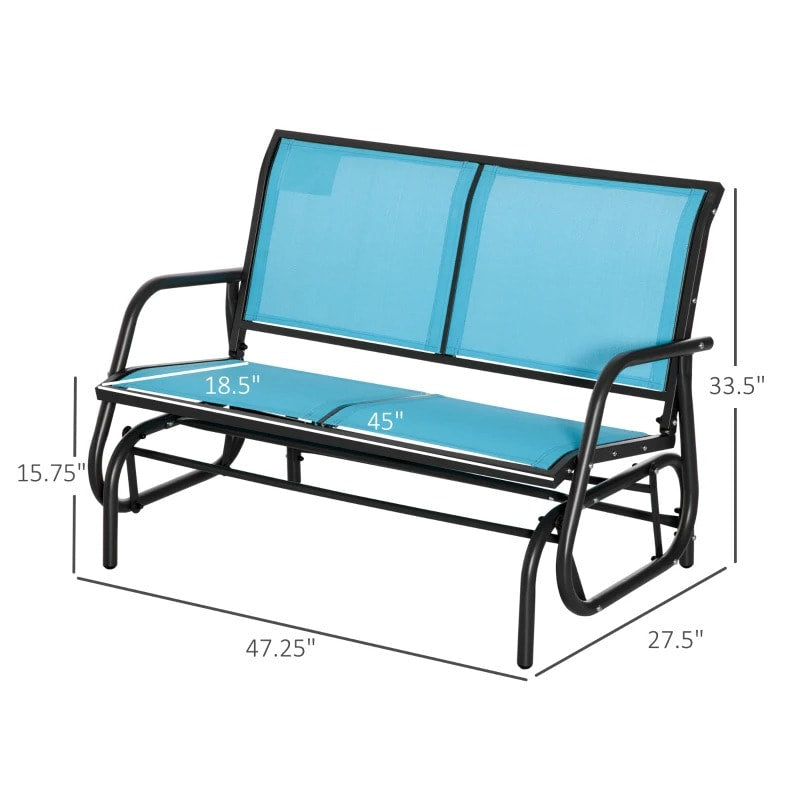 2-Person Steel Loveseat Glider Bench Chair Rocker w Sling Fabric, Patio Deck Garden, Aqua Blue