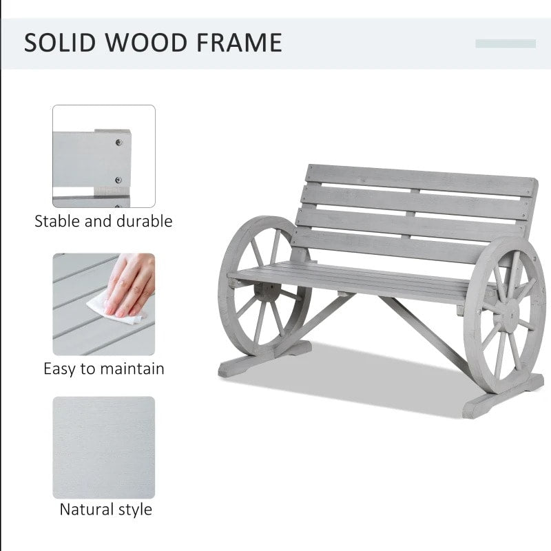 Farmhouse Wagon Wheel Outdoor 2-Seater Wooden Bench Loveseat for Garden Patio Deck - Light Grey
