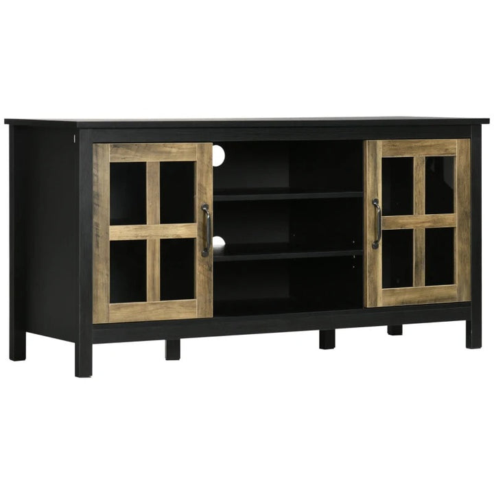 Modern Media Console TV Cabinet Stand Entertainment Unit w Shelves, Black w Wood Grain Doors