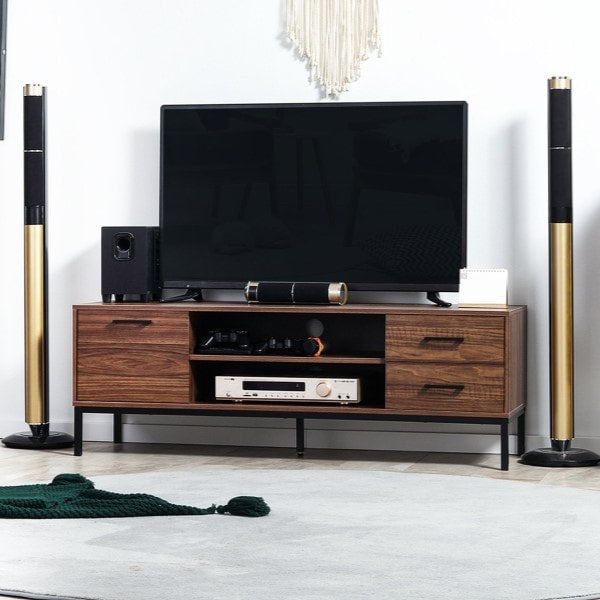 Sleek Media TV Cabinet Stand Entertainment Unit w Drawers & Shelves, Brown Walnut Wood Grain